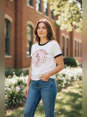Alan Jackson Nashville Graphic Ringer Tee - Light Crem with Black Trim